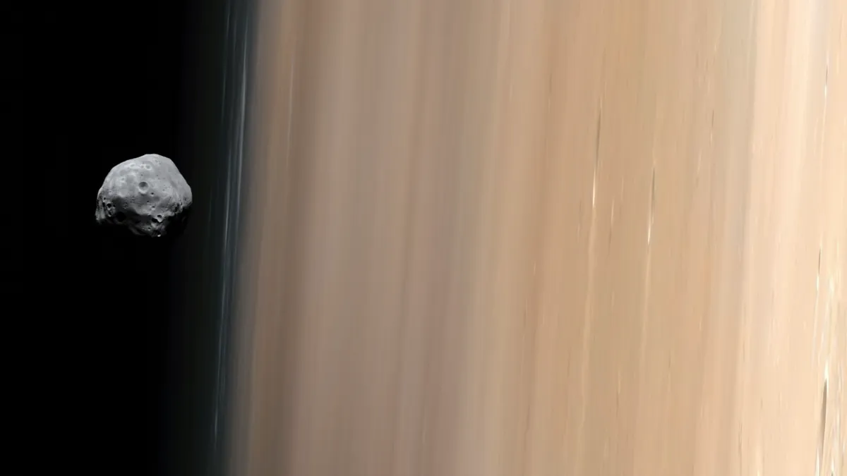 der Marsmond Phobos vor dem Mars, aufgenommen von ESAs Sonde Mars Express